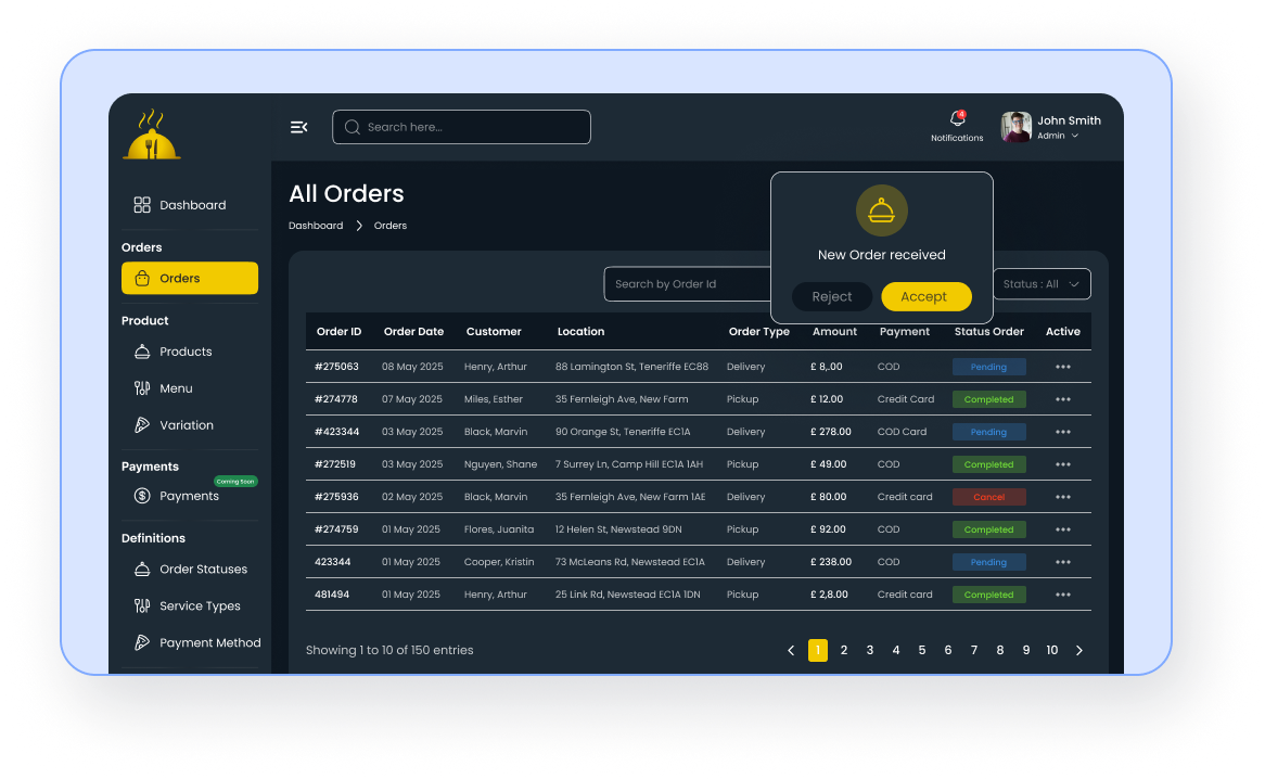 Step 2: Start Receiving Orders (Dark Mode) - Restaurant Online Ordering System