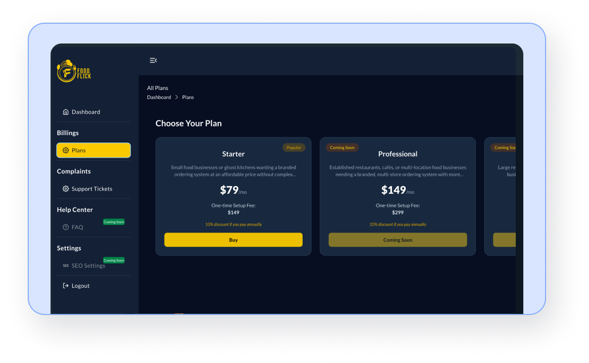 Step 2: Select Your Plan & Complete Onboarding (Dark Mode) - Restaurant operating system