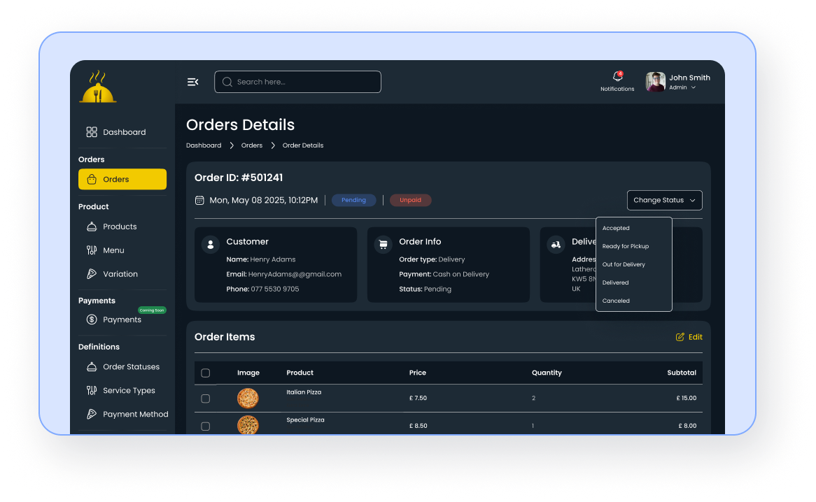 Step 3: Manage Delivery or Pickup (Dark Mode) - Restaurant Online Ordering System
