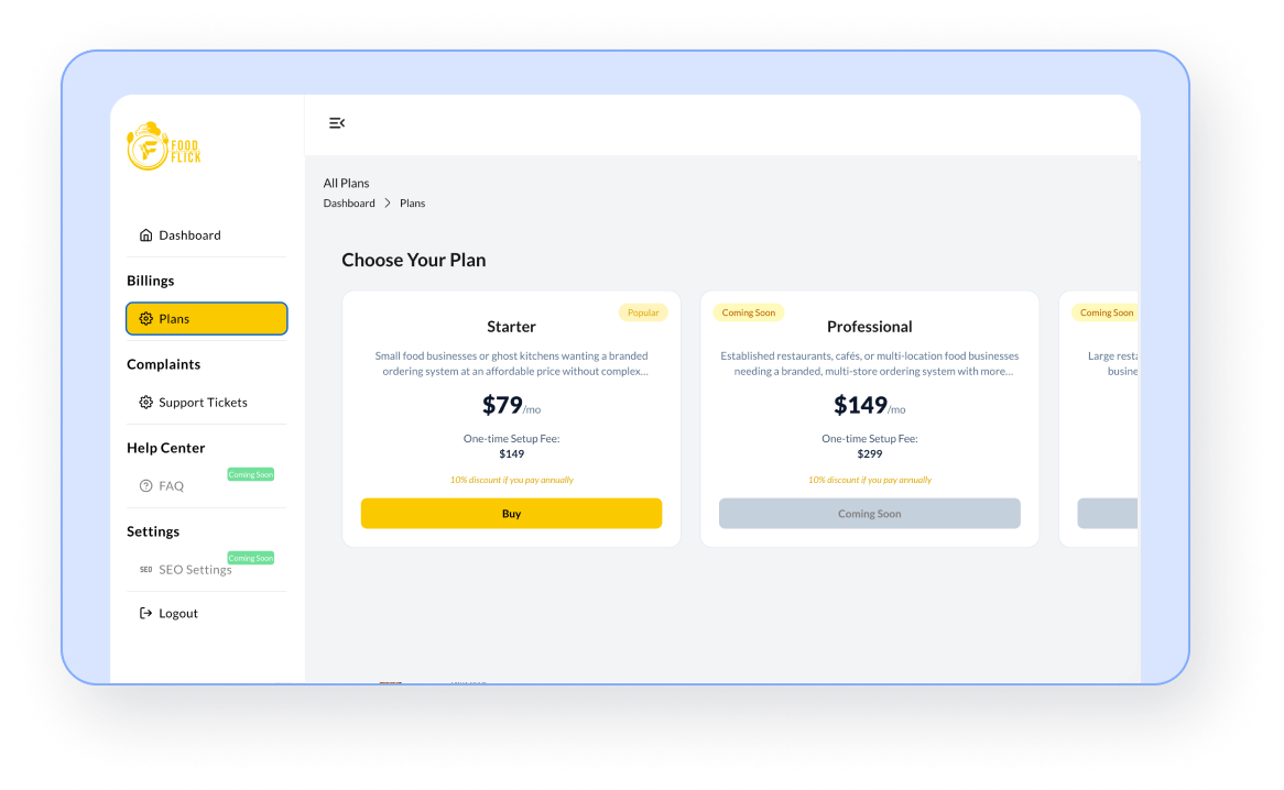 Step 2: Select Your Plan & Complete Onboarding - Online Order Management System